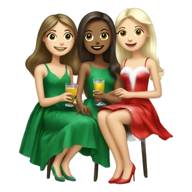 2 brunette girls and 1 blonde girl drinking together wearing Christmas tree dresses sticker