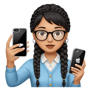Black hair is braided to one side, braided to the left, and bangs, wearing horn-rimmed glasses, holding an iPhone white color and taking a mirror selfie so that Apple logo comes out sticker