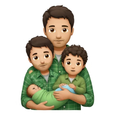A father with messy medium-length dark hair and light stubble, wearing a green flannel shirt. He holds his child who has short curly brown hair and a cream-colored romper. Cozy warm lighting, authentic family moment. sticker