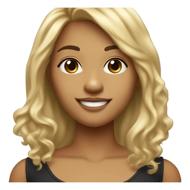 A woman that is smiling and has heart eyes. Her front teeth have a large gap in between it. Her hair is long and wavy with rectangle bangs. Her hair is asymmetrical half blonde on one side half black on the other.  sticker
