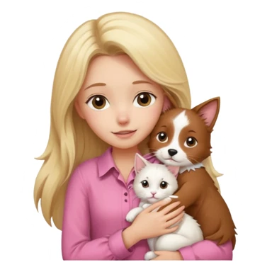 Garota loira fofa de cabelo comprido usando uma blusa rosa abraçando um border collie marrom e um gato branco sticker