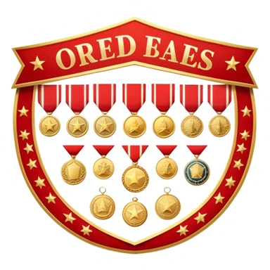 Icon for Collecting Orders, Medals & Badges: a variety of vintage orders, medals and badges, displayed neatly on a big red pennant. The icon should reflect the honor and historical significance of these collectible items. Transparent background. sticker