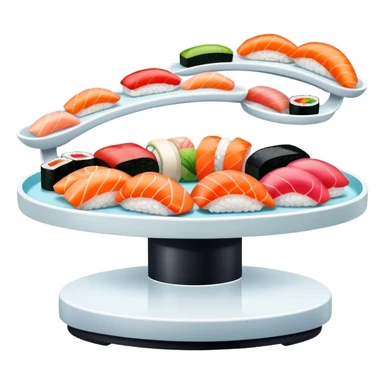 rotating sushi conveyor belt restaurant with colorful sushi plates, at restaurant  sticker