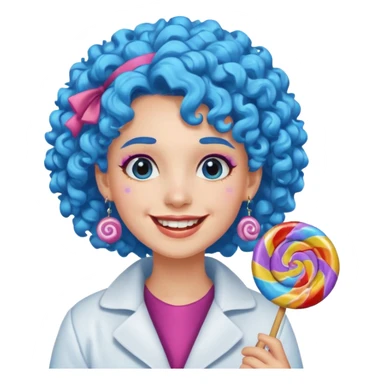 candy shop vendor, looking like candy with candy earrings and candy hair with big smile and blue curly hair sticker