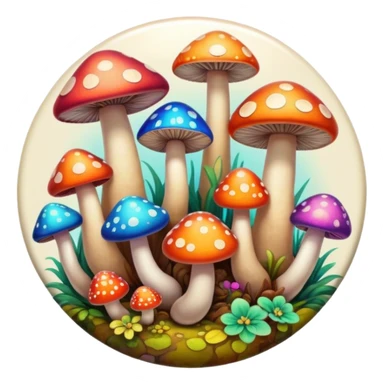 A round psychedelic colored button with bezeled edges and colorful hippie style mushrooms sticker