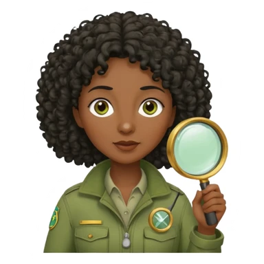 dark skin curly black haired middle-aged woman in moss green explorer outfit, holding magnifying glass sticker