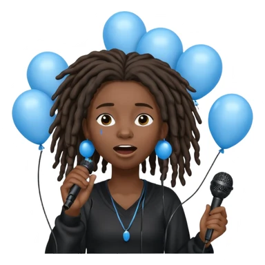 Black girl Stud with dreadlocks singing dressed in black crying 1,2,3 release em with white and blue balloons flying overhead emoji like with mic in hand  sticker