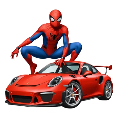 Die-cut sticker of Spider-Man sitting on a Porsche 911 GT3 RS, bold vector art, thick white border, isolated on green hilly background. sticker