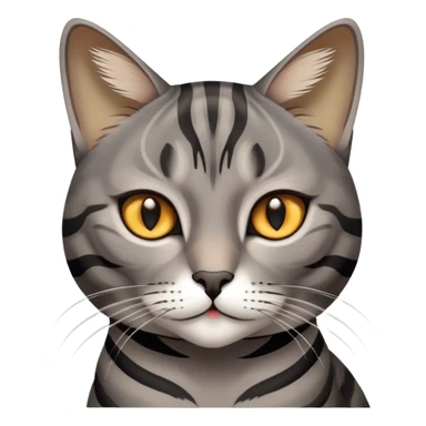 Cinematic Noble Grey and Black Brown Tabby Cat Portrait Emoji, Poised and regal, with sleek grey-brown fur featuring bold black tabby stripes and a distinct M-shaped marking on the forehead, bright amber eyes, Simplified yet sharp and sophisticated features, highly detailed, glowing with a soft, dignified glow, high shine, intelligent and graceful, stylized with an air of elegance, focused and attentive, soft glowing outline, capturing the essence of a watchful and refined feline, so majestic it feels as though it could glide across the screen with effortless confidence! sticker