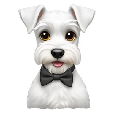 Miniature white German schnauzers are wearing a bowtie sticker