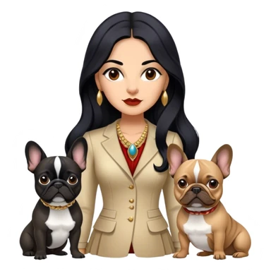 latin woman in fancy clothes with long black hair standing alongside two French bulldogs  sticker