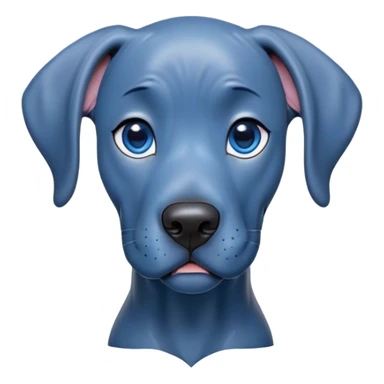 Cinematic Cute Blue Great Dane Portrait Emoji, Head tilted playfully and inquisitively, featuring a glossy blue Fur with a refined sheen, round, sparkling steel-blue eyes filled with curiosity, Simplified yet irresistibly adorable features, highly detailed, glowing with a warm, friendly glow, high shine, affectionate and gentle, stylized with a touch of whimsy, bright and endearing, soft glowing outline, capturing the essence of a mischievous yet loving pup, so playful it feels like it could lumber out of the screen and into your arms! sticker