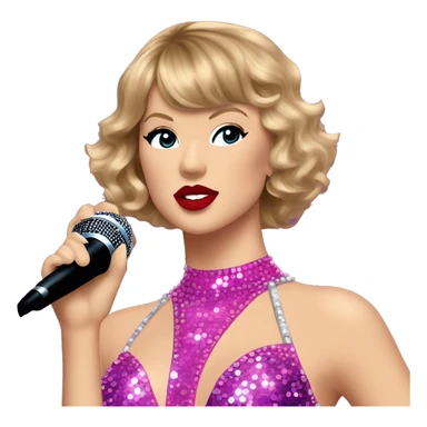 Taylor Swift wearing bedazzled pink and purple leotard bodysuit with microphone and red lipstick on stage sticker