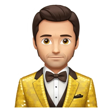 Hugh Jackman with dark brown hair, yellow sequin suit with bow tie sticker
