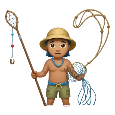 A Polynesian fisherman standing in the water fishing with a net sticker