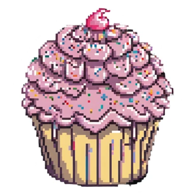 giant cupcake with pink icing and colorful sprinkles in pixel art style sticker