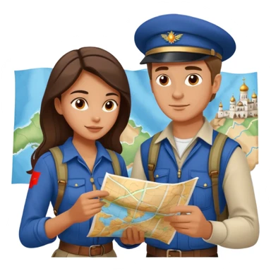 Russian man and elegant Spanish girl in adventure outfits with a map planning  sticker