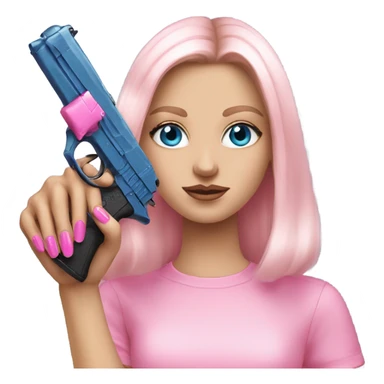 White Girl hand pink nails holding pink gun with blue eyes sticker