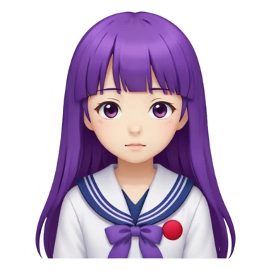 Shy anime girl with purple long hair and bangs wearing Japanese sailor style school uniform, blushing, kawaii style sticker
