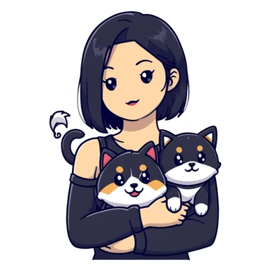 girl with black shoulder-length hair wearing a black tight-fitting top with a calico cat with white mouth and a shiba inu dog sticker