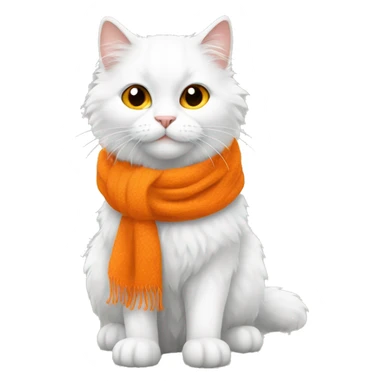 a white fluffy cat, full body with a orange scarf sticker