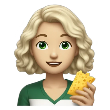 Slytherin girl with short wavy ash blonde bob hair and blue eyes eating chips and cheese sticker