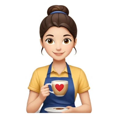 Cute brunette barista girl with hair in a bun wearing yellow shirt and dark blue apron, she's relaxed and making heart-shaped latte art, smiling at the coffee cup with a heart design in the foam sticker