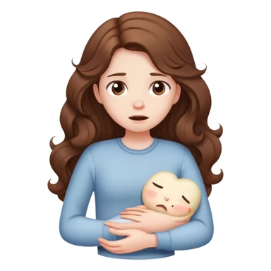 Girl with curled brown long length hair with stomach ache sticker