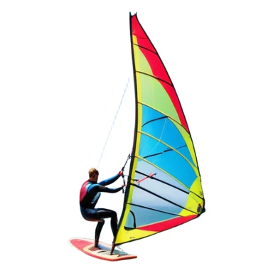 A windsurfer gliding across the ocean, with a vibrant sail catching the wind. The scene captures the motion of the board riding the ocean waves, surrounded by the bright blue sky and ocean, symbolizing the excitement and skill required in the sport of windsurfing. sticker