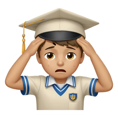 Create an emoji of a young boy student crying. He is wearing a university uniform, including a shirt and pants and hat. The boy is visibly upset, with tears streaming down his face, and he is wiping his eyes with his hand. The background should be simple to emphasize his emotional state, conveying the feeling of being overwhelmed with school stress or personal struggles sticker