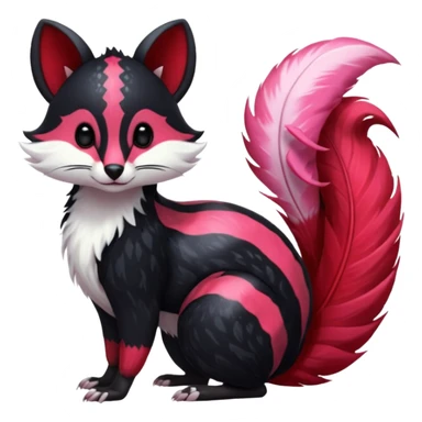 Feral Rare Fantasy shiny soft fuzzy furry vibrant tropical obsidian-black and crimson-red Vernid-Trico-species-creature by LiLaiRa, random markings, tufted tail, tufted ears, full body with markings with white skunk-tail-stripes sticker