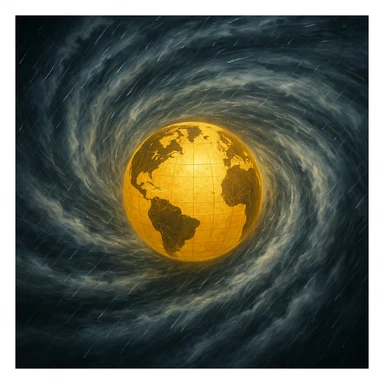 yellow globe in the center of a hurricane, swirling wind and rain, intense motion sticker