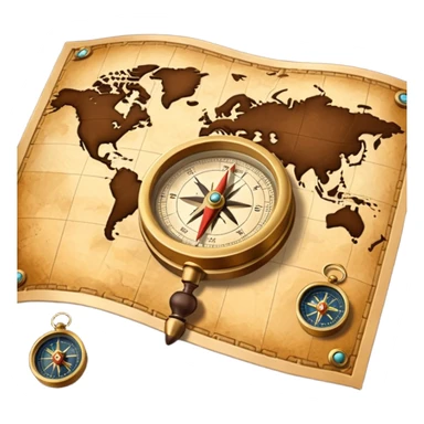 3D Brown golden map with Travel compass pointing to adventure sticker