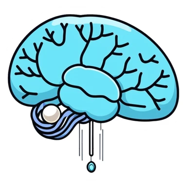 Cute sticker of a pearl and light blue capsule floating around a transparent brain with sparkling neural connections, surrounded by a gentle focus enhancing fog sticker