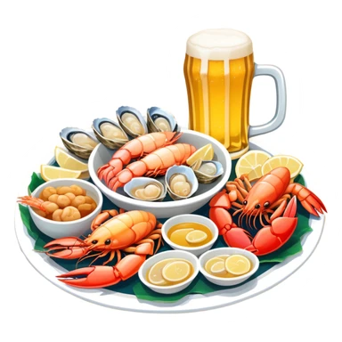 Qingdao seafood with beer, simplified emoji style with bold outlines and bright colors, cartoon style Chinese seafood platter with yellow beer sticker