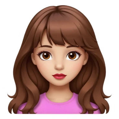 A girly girl with medium skin, soft pinkish cheeks, large bambi dark hazel eyes with long eyelashes, long wavy brown hair with full soft bangs, medium straight nose with a soft tip, medium natural red lips,very feminine and pretty features, sticker