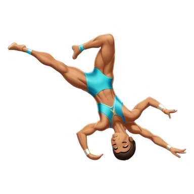 A skilled acrobat mid-air, executing a breathtaking flip with perfect control. The pose radiates strength, balance, and agility. The background suggests a dynamic performance space, with stage lights or a competition arena, emphasizing motion, precision, and teamwork. sticker