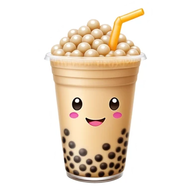 Taiwan bubble milk tea with giant tapioca pearls and wide straw, simplified emoji style with bold outlines and bright colors, cartoon style boba drink sticker