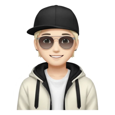 Portrait of a male K-pop idol, white skin, wearing a stylish streetwear outfit with layered clothing, makeup, wearing a black cap, smiling, sunglasses sticker
