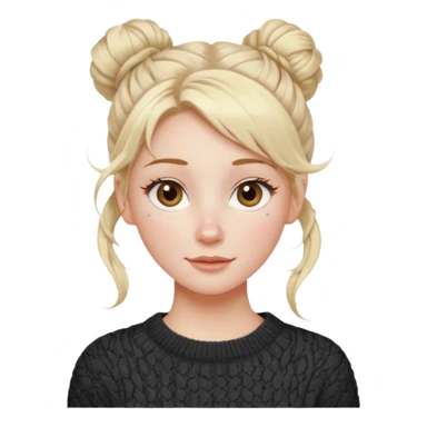 blonde hazel eyes woman with a white cable knit sweater and one messy bun with tendrils of hair flowing down her face and she is happy pale, some freckles, blush. she has a cateye wing and long lashes sticker