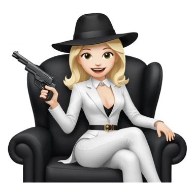 Mafia blondes Laughter woman in hat , gun ,black armchair , white costume  sticker