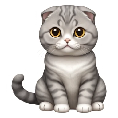 Cinematic-Scottish-Fold-Cat-Realistic-Full-Body-Sitting-Emoji – Tail curled playfully around its paws, head tilted dramatically, thick and plush solid-grey fur, signature folded ears resting gently against its round head, simplified yet realistic focused features, highly detailed, glowing with an almost sarcastic glow, deep amber eyes radiating quiet wisdom and charm. sticker
