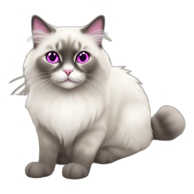 Ragdoll cat with magenta eyes and grey furr, smiling, sitting on the floor sticker