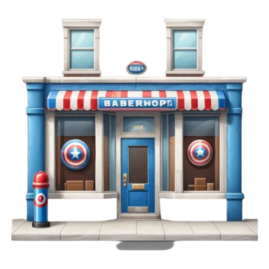 barbershop exterior with secret superhero lair hidden inside, barber pole, secret entrance sticker