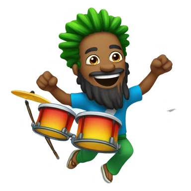  Draw a Brazilian drummer with tied hair, a beard, and Rastafarian style, jumping with joy and energetically playing drums in a live broadcast. The logo "GG Lukas Drummer" should be part of the background. sticker