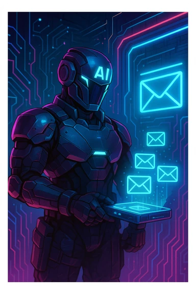 A cyberpunk-inspired AI bouncer agent, neon accents, standing guard at a virtual email gate, scanning emails with a holographic device, cool and assertive sticker