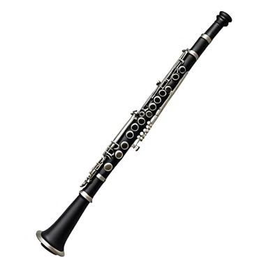 Create an elegant and refined emoji representing A clarinet. The design should showcase the sleek, black wood finish of the clarinet with its shiny metal keys and elegant detailing. Include the distinct, high-quality features, giving it a modern and sophisticated look. Add subtle elements like the mouthpiece with the reed, emphasizing its importance in sound production. Use dark tones like ebony, silver for the keys, and soft light reflections to evoke a professional, classical feel. The background should be transparent. sticker