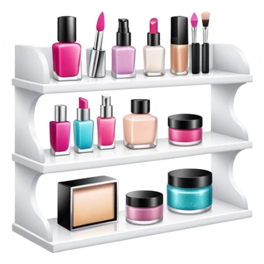 a white shelf with few beauty products and sparkles sticker