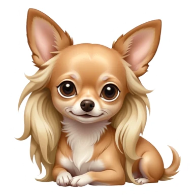 Cinematic Noble Long Haired Fawn Chihuahua Portrait Emoji, Poised and regal, with a delicate, refined build and a flowing, well-groomed long fawn coat, deep-set soulful dark eyes, Simplified yet sharp and sophisticated features, highly detailed, glowing with a soft, dignified glow, high shine, intelligent and loyal, stylized with an air of elegance, focused and attentive, soft glowing outline, capturing the essence of a watchful and confident guardian, so majestic it feels as though it could step out of the screen with effortless authority! sticker