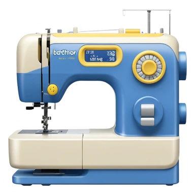 Modern Brother-style computerized sewing machine emoji, white and this yellow #FFB31E and light gray with a blue thread spool, small LCD screen and round dial, three-quarter view, soft gradients and shadows in Apple emoji style, plain light background. sticker